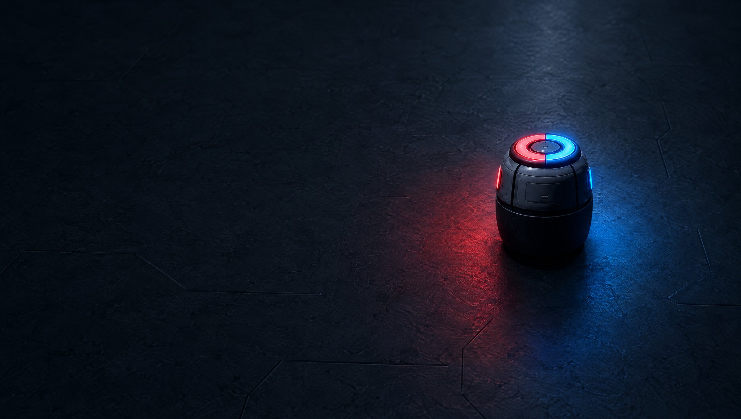 The SwitchGrid robot with its red and blue ring in a dark facility